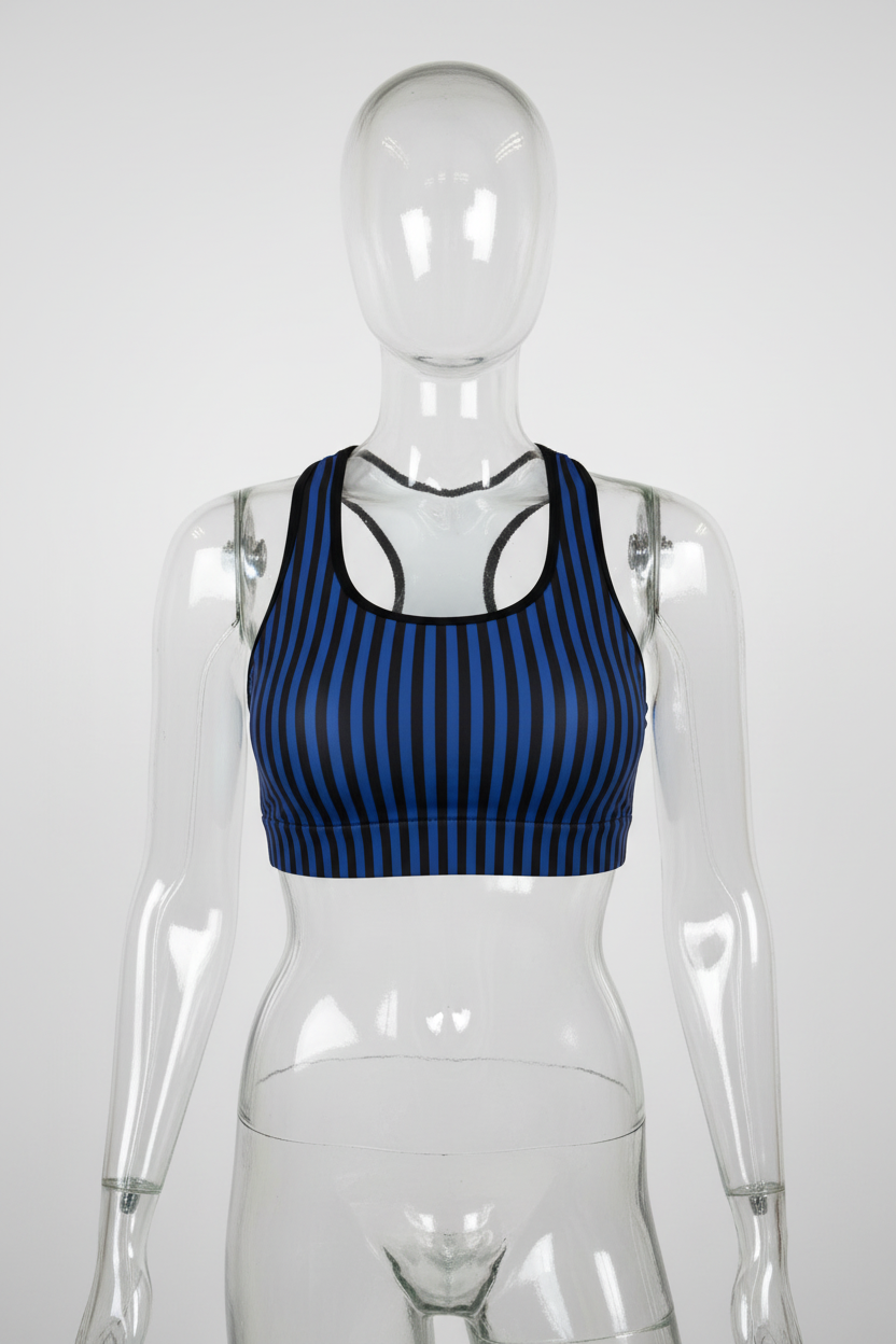 A racerback sports bra with vertical navy blue and black stripes, featuring a white mesh back and black trim. 