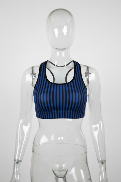 A racerback sports bra with vertical navy blue and black stripes, featuring a white mesh back and black trim. 