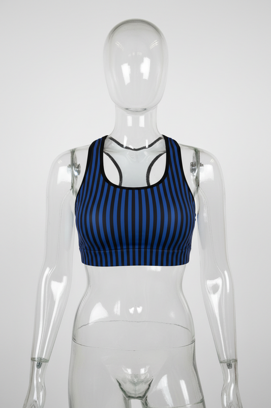 A racerback sports bra with vertical navy blue and black stripes, featuring a white mesh back and black trim. 