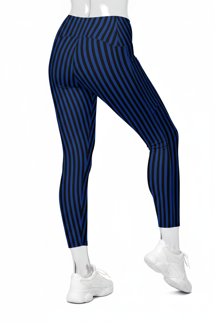 A mannequin wearing high-waisted leggings with vertical navy and dark blue stripes, paired with white sneakers, shown from the waist down on a plain white background.