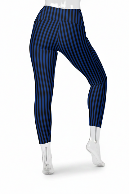 A mannequin wearing high-waisted leggings with vertical navy and dark blue stripes, paired with white sneakers, shown from the waist down on a plain white background.