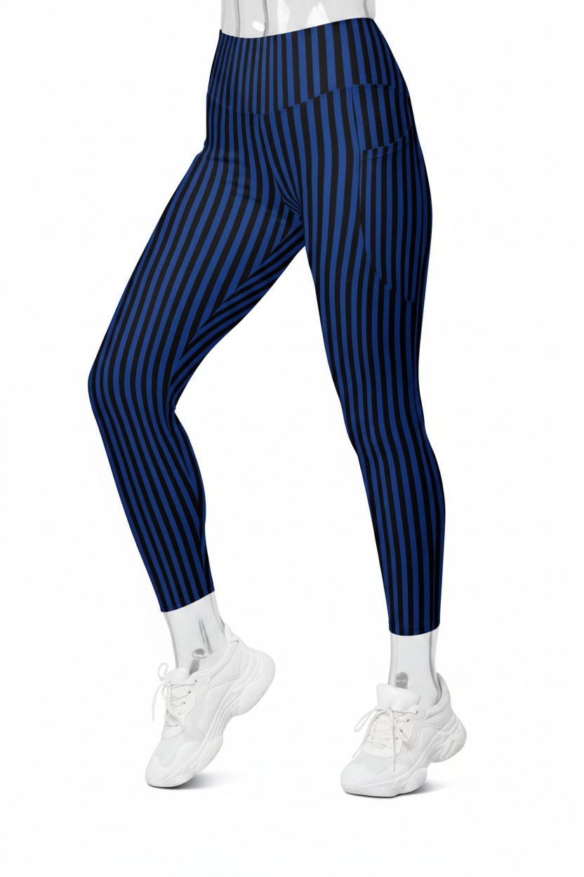 A mannequin wearing high-waisted navy blue leggings with thin vertical dark stripes and white sneakers, shown from the waist down on a plain white background.