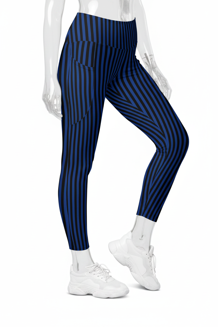 A mannequin modeling high-waisted leggings with vertical navy and dark blue stripes, paired with white sneakers, against a plain white background.