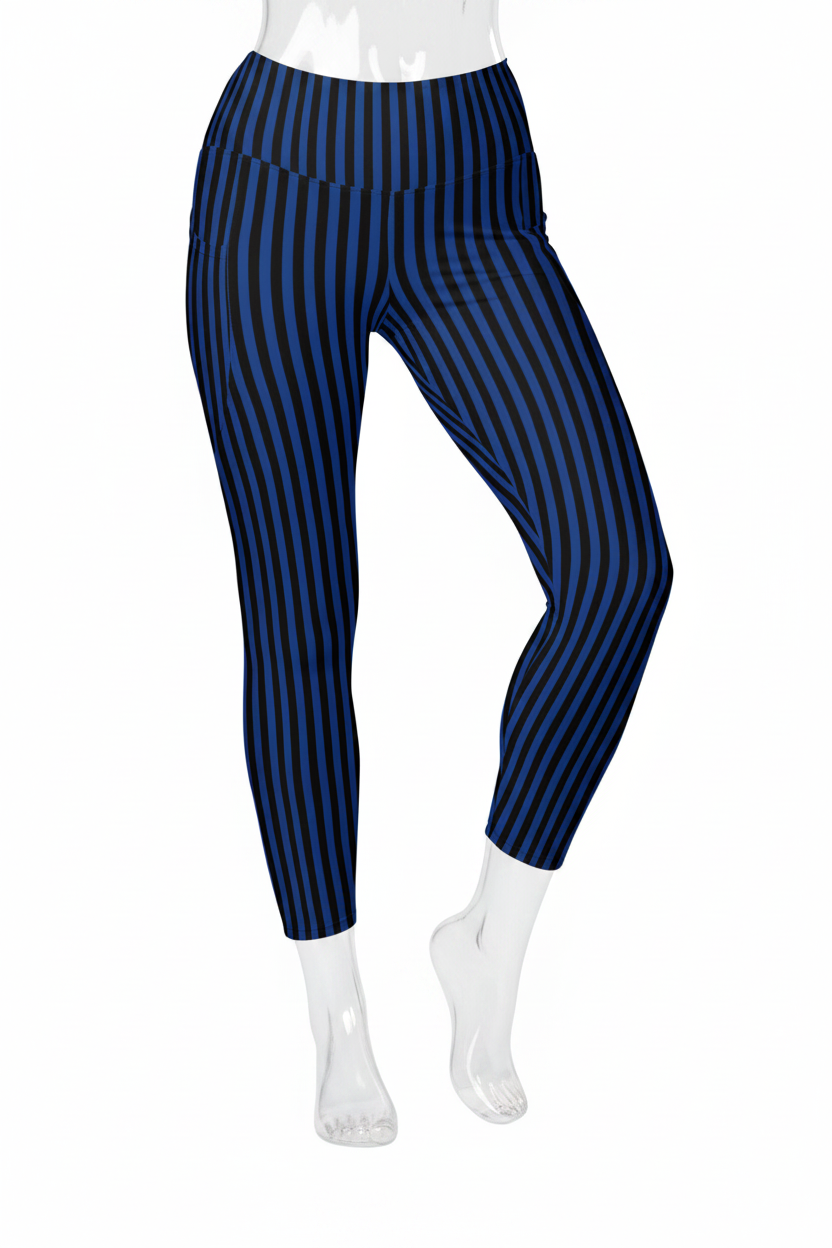A mannequin wearing high-waisted navy blue leggings with thin vertical dark stripes, paired with white sneakers, shown against a plain white background.