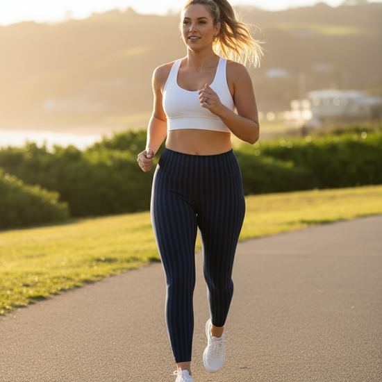 Outdoor workout in navy striped pocket leggings with UPF 50+ sun protection
