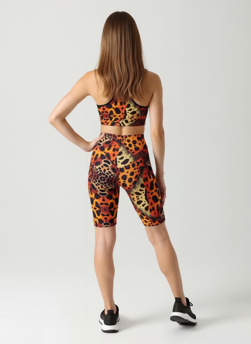 Woman wearing a leopard print sports outfit on a white background