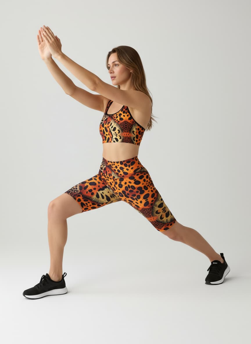 Woman in leopard print athletic wear posing against a white background