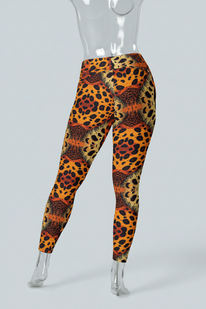 A person wearing leopard-print leggings with a black top and black ankle boots, shown from the waist down against a light gray studio background.