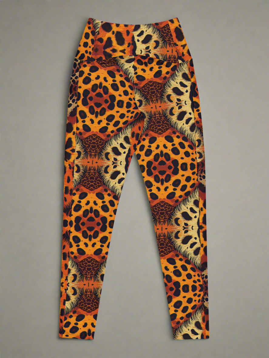 Back flat-lay view of Leopard print, Wildfire Crossover leggings on a grey background.