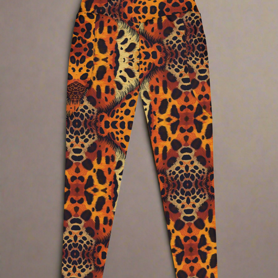 Front, flat-lay view of Leopard print, Wildfire Crossover leggings on a grey background.