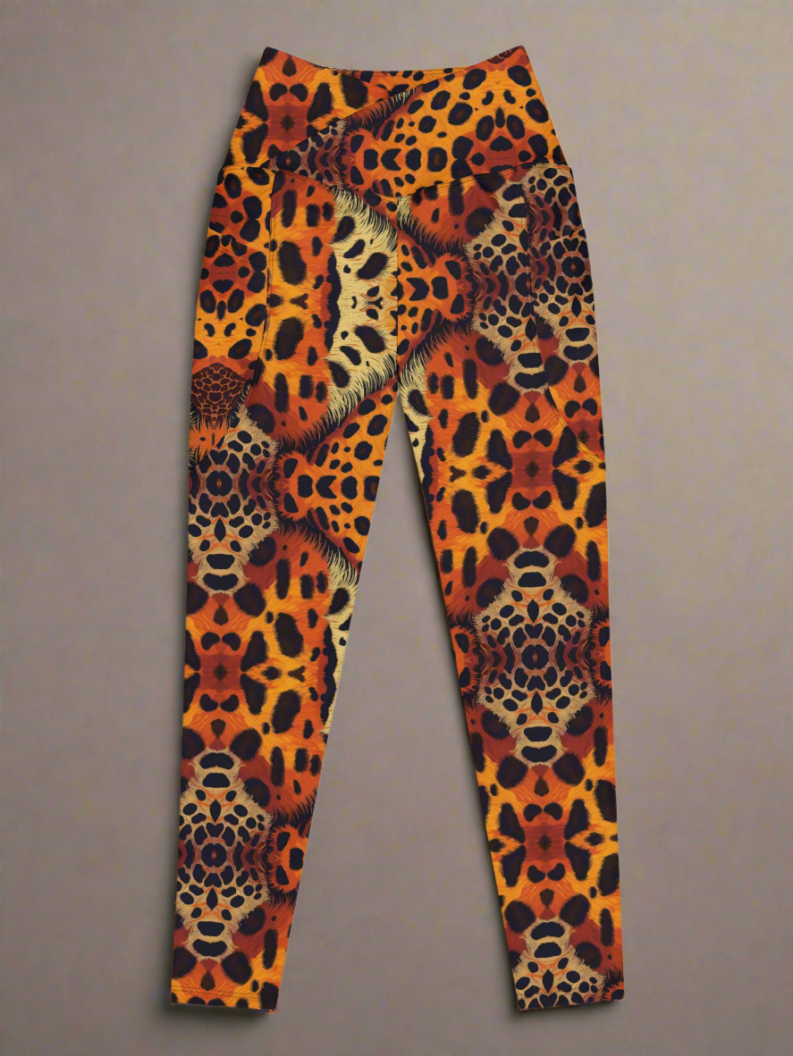 Front, flat-lay view of Leopard print, Wildfire Crossover leggings on a grey background.