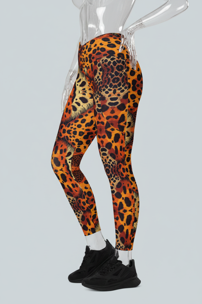 A model wearing high-waisted leggings with an orange, brown, and black leopard print pattern, paired with a black crop top and black sneakers, shown from the waist down against a solid light gray background.