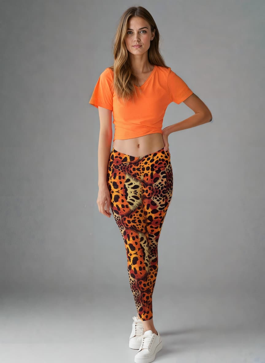 Woman wearing an orange crop top and leopard print leggings on a gray background