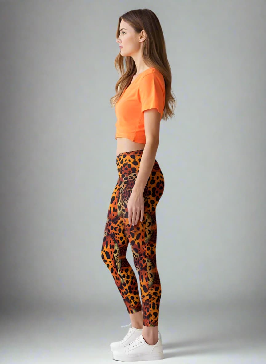 Woman wearing an orange crop top and leopard print leggings on a gray background