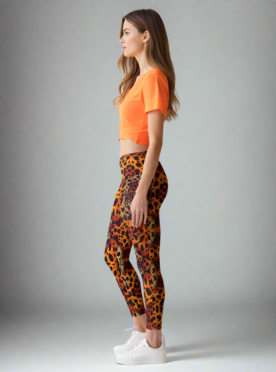 A woman is standing in profile, wearing a bright orange cropped t-shirt and Wildfire Crossover Leggings. The leggings feature a bold, vibrant animal print in shades of orange, yellow, and black, with a flattering high-rise fit. She pairs the outfit with white sneakers, and the background is plain and softly lit, emphasizing the striking leggings.
