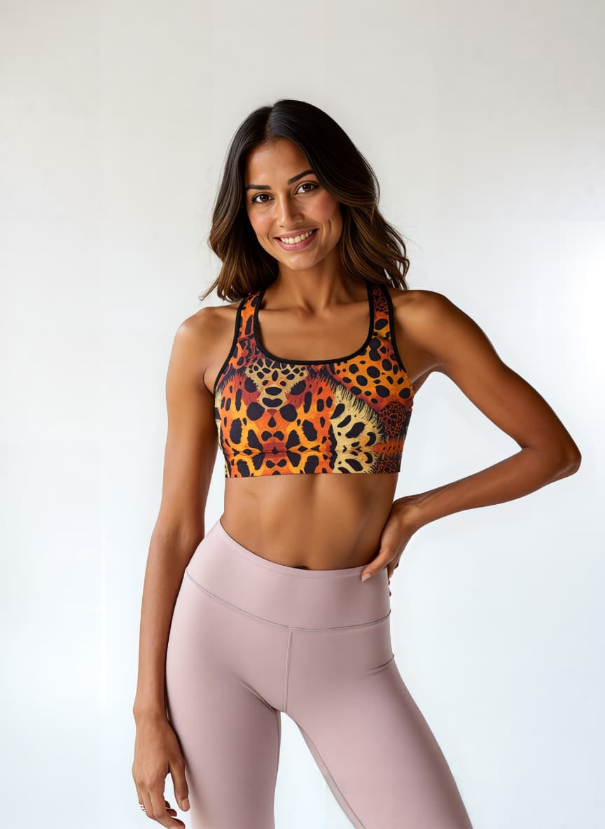 Woman wearing a leopard print sports bra and pink leggings on a white background