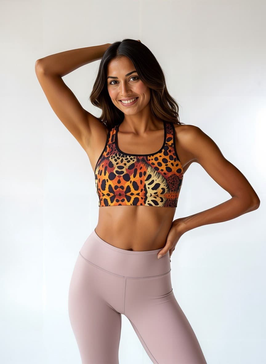 Woman wearing a leopard print sports bra and pink leggings against a white background