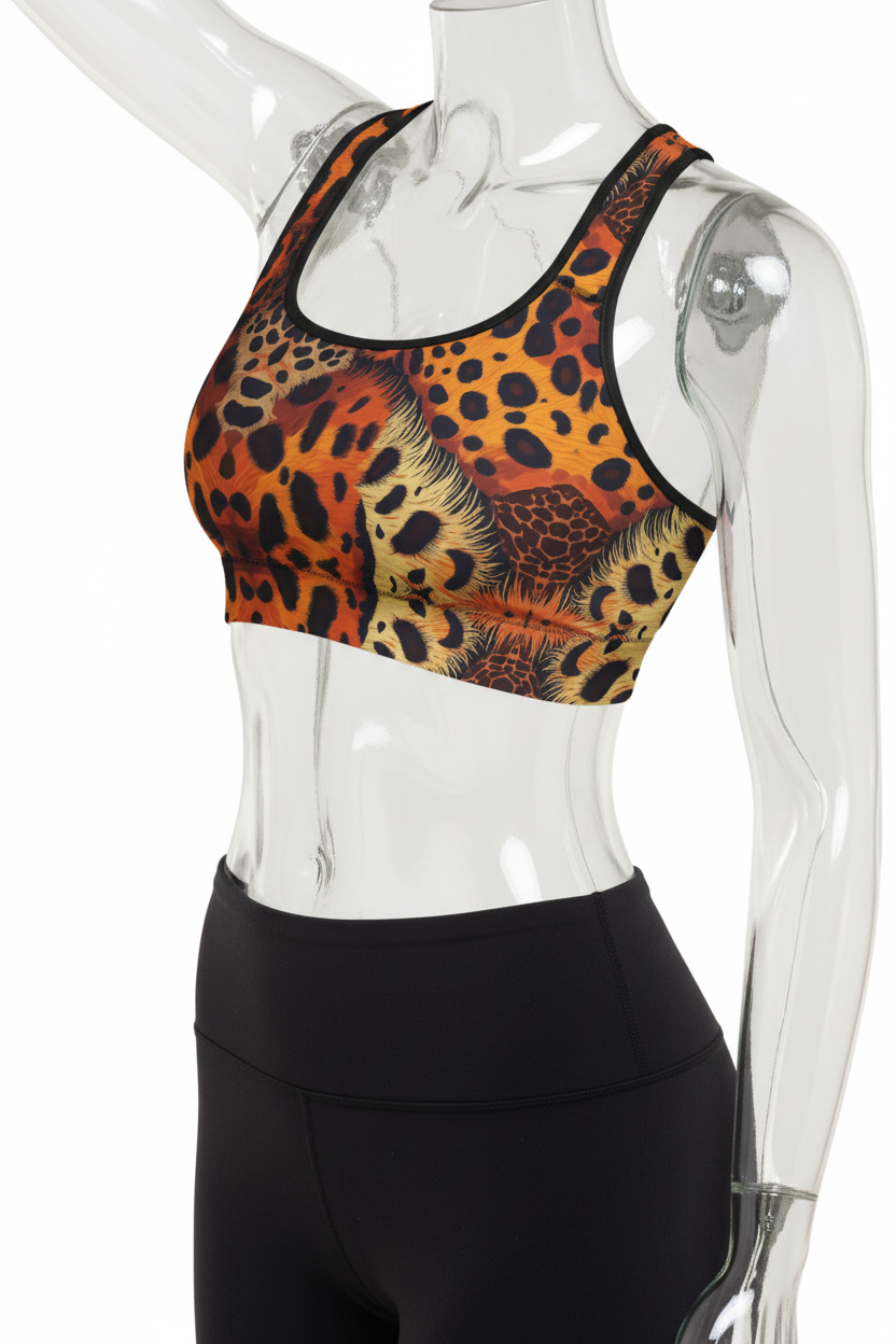 A mannequin wearing a sports bra with an orange, black, and brown leopard print pattern, paired with black leggings, shown against a plain white background.