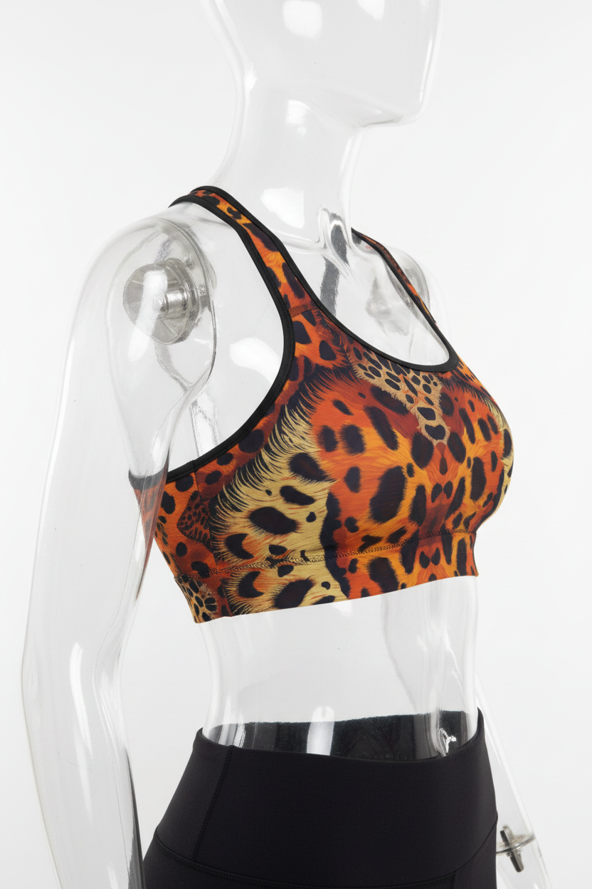 A mannequin wearing a sports bra with a bold leopard print pattern in orange, black, and yellow, paired with black leggings, shown against a plain white background.