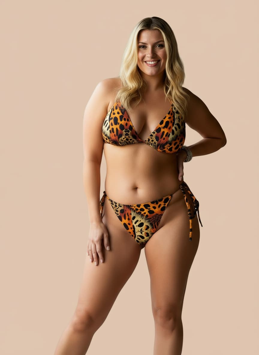 Woman wearing a leopard print bikini against a beige background
