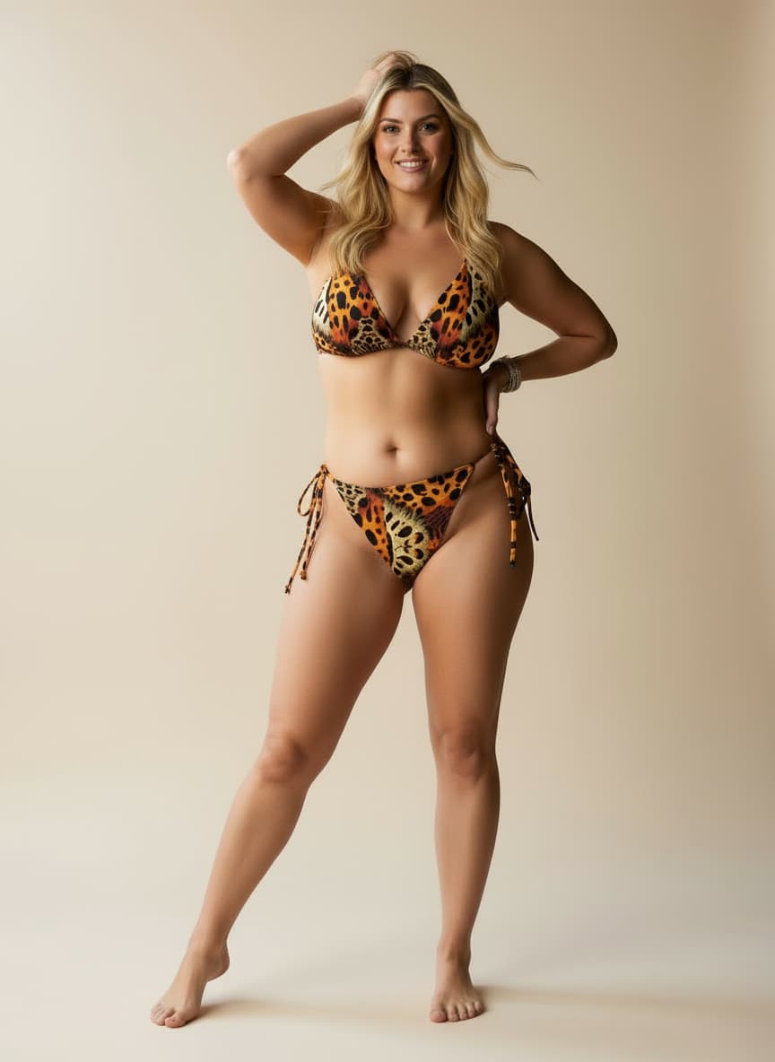 Woman wearing a leopard print bikini against a beige background