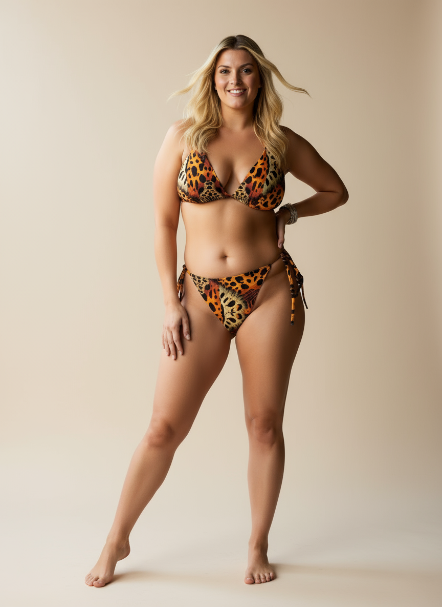 Woman wearing a leopard print bikini on a white background