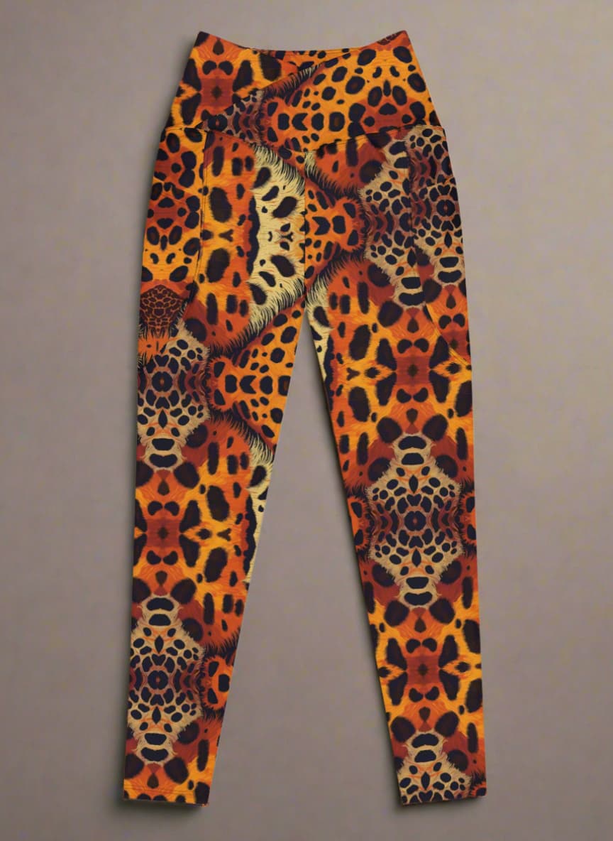 front view of leopard print leggings on a gray background