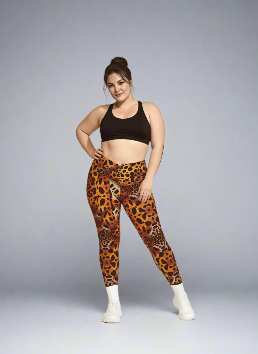 Woman wearing leopard print leggings and black sports bra on a gray background
