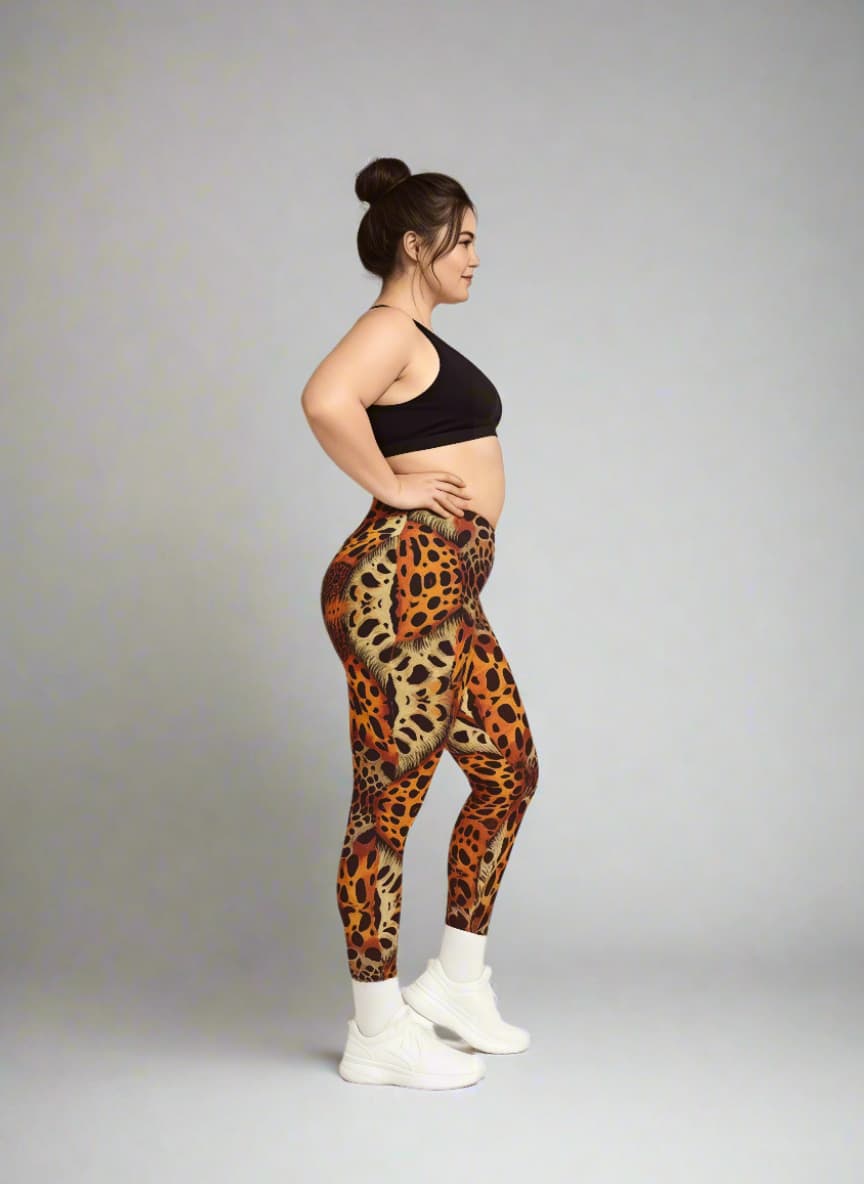 Woman wearing leopard print leggings and a black sports bra on a gray background
