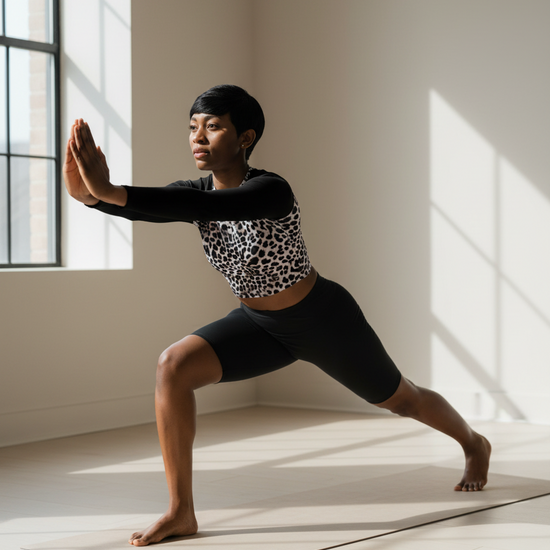 Model in leopard surf crop top stretching in natural setting