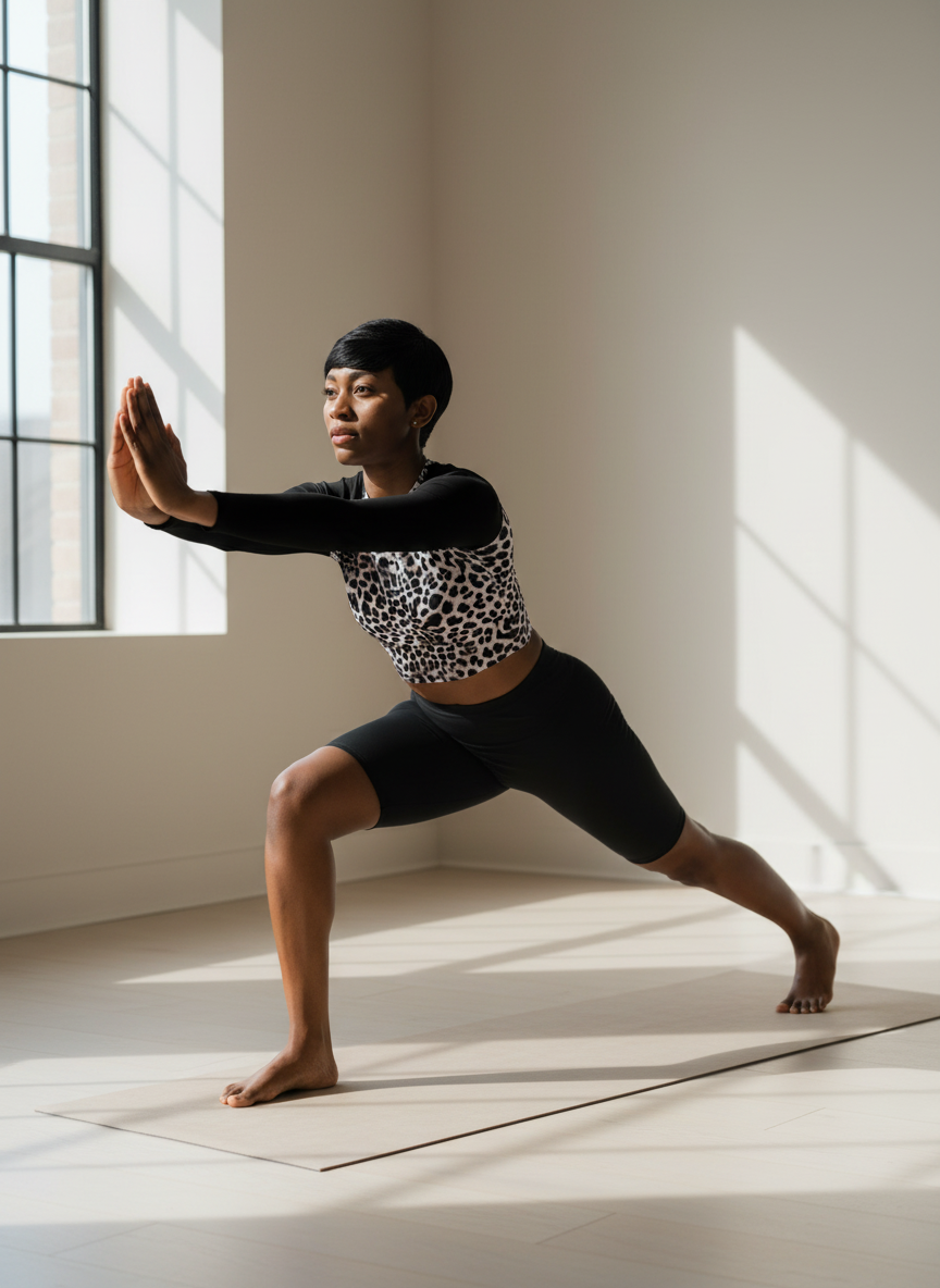 Model in leopard surf crop top stretching in natural setting