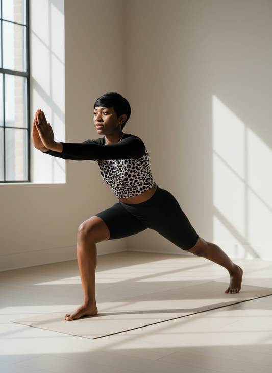 Model in leopard surf crop top stretching in natural setting